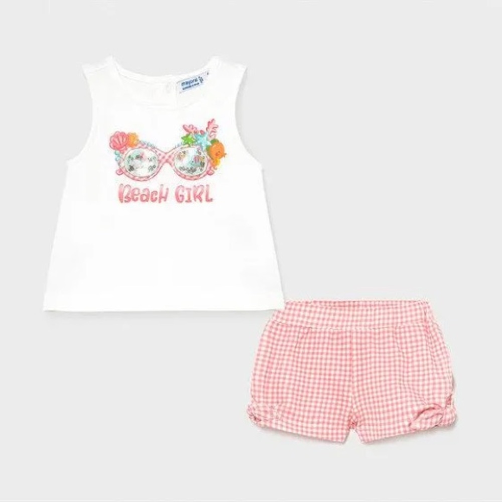 Size 9 Months Mayoral White Top and Pink Gingham Shorts Set